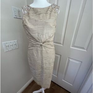 Jessica Howard taupe dressy cocktail w jewel detail. Fully lined